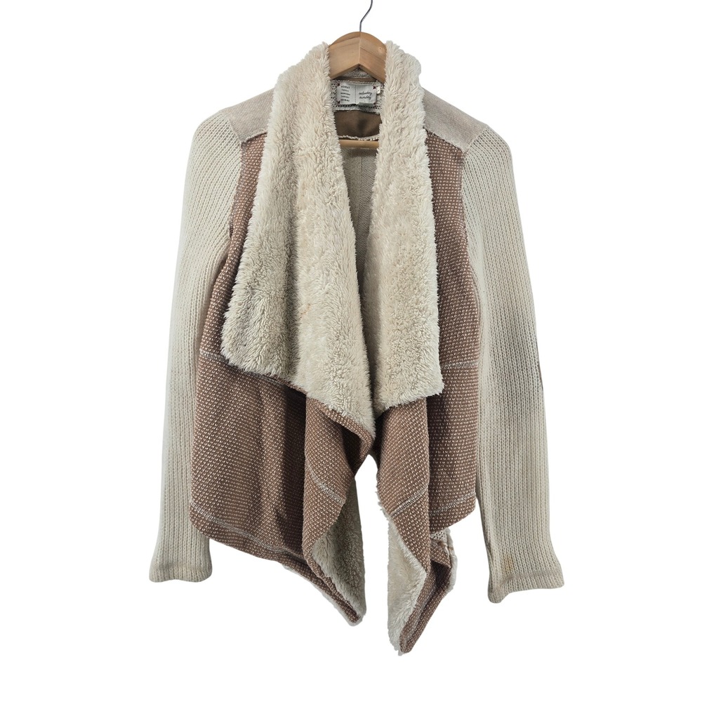 Saturday Sunday Cardigan Womens M Tan Faux Fur Waterfall Open Front Elbow Patch